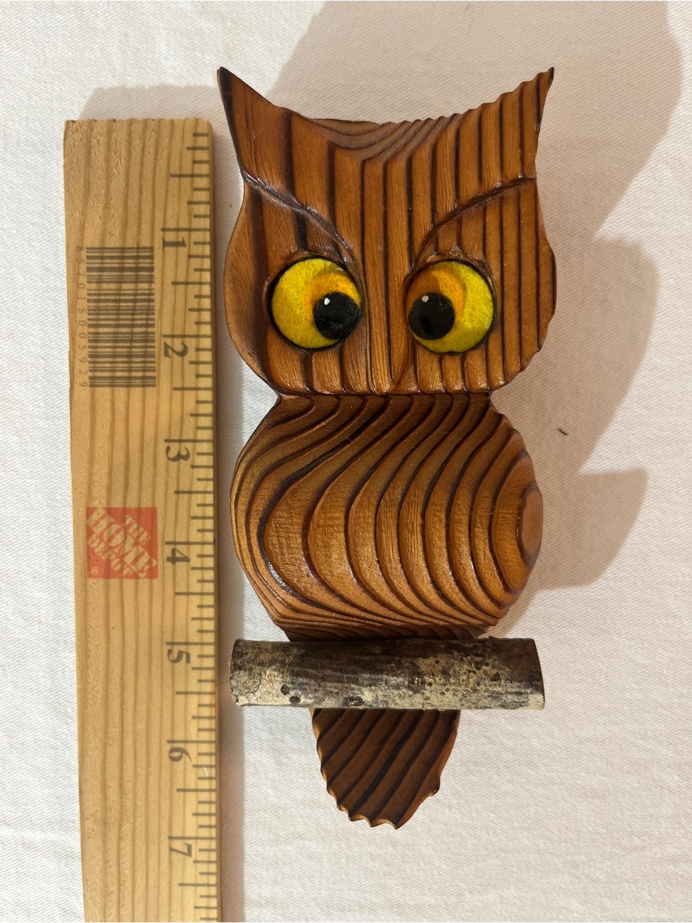 Vintage Handcrafted Brown Wood Owl Wall Decor with Yellow Eyes